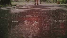 Senior runner lower legs moving on sunlit park path, displaying fitness tech HUD charts and graphs. Athletic, technology, fitness, outdoors, innovation, health, activity - Powered by Shutterstock - Get 15% off with code: PIKWIZARD15