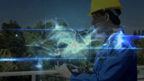 male engineer using tablet on construction platform, viewing holographic data wave overlay. Technology, outdoor, futurism, innovation, exploration, rugged, digital - Powered by Shutterstock - Get 15% off with code: PIKWIZARD15