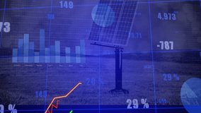 3D solar panel standing on post showing digital line graphs and bar charts overlaying grassy hills. Renewable, sustainability, technology, data visualization, environmental, innovation, eco-friendly - Powered by Shutterstock - Get 15% off with code: PIKWIZARD15