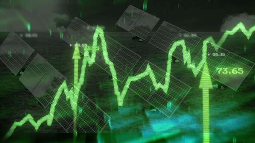 Solar panels tilting on grassy field, with neon green stock graph line rising toward arrow 50.03. Renewable, energy, technology, innovation, sustainability, infrastructure, futuristic