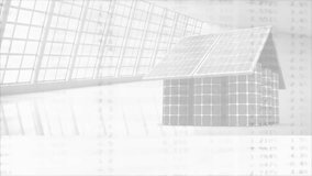 Monochrome 3D render featuring solar panel house floating over scale bar with grid data overlays. Futuristic, sustainable, architecture, technology, innovation, minimalistic, environmental - Powered by Shutterstock - Get 15% off with code: PIKWIZARD15