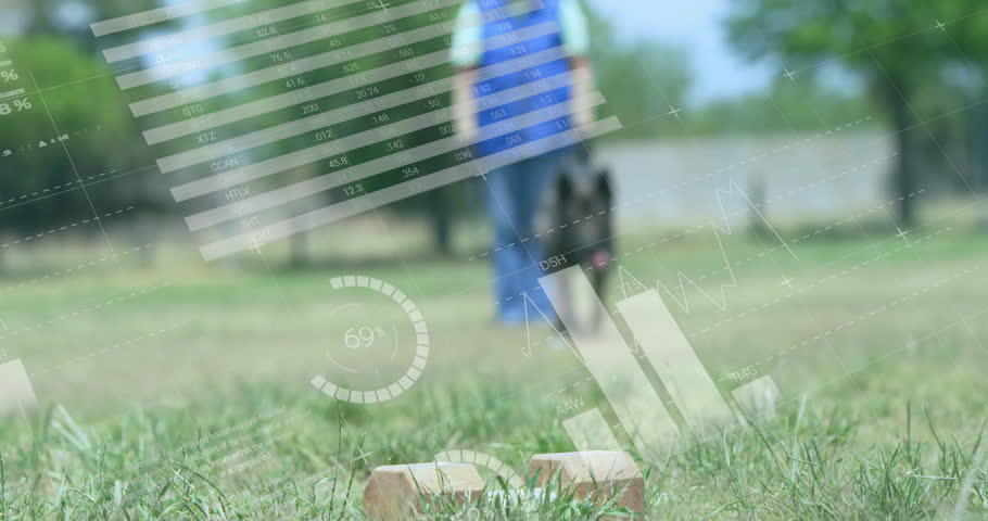 trainer guiding dog chasing dumbbell in tech training, showing animated bar charts and map overlays. Canine, outdoor, sportive, digital, analysis, motion, instruction