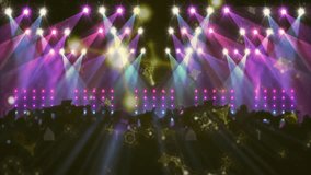 Central stage being animated in flat design with moving spotlights, LED panels, crowd silhouettes. Entertainment, nightlife, vibrant, energetic, spectacle, celebration, stagecraft - Powered by Shutterstock - Get 15% off with code: PIKWIZARD15