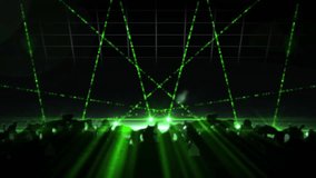 Glowing white ring suspended over cheering crowd in dark rave scene, flat design featuring lasers. Lighting, rave, concert, nightlife, stage, silhouette, laser - Powered by Shutterstock - Get 15% off with code: PIKWIZARD15