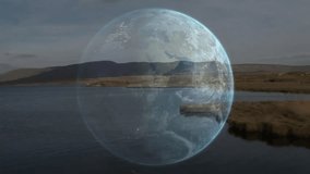 3D-rendered digital Earth globe floating over calm lake landscape, showing continents and clouds. Geography, environmental, technology, futuristic, educational, ecological, innovative - Powered by Shutterstock - Get 15% off with code: PIKWIZARD15