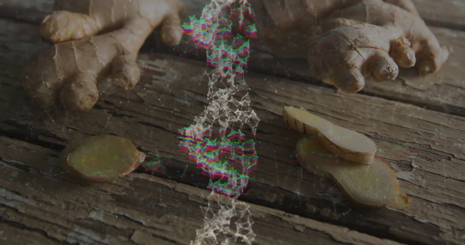 Ginger roots and slices floating above worn wooden table with RGB glitched polygon network overlay. Herbs, natural, organic, culinary, rustic, modern, technology