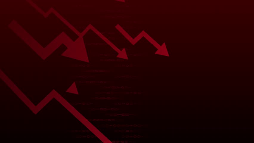 Stop motion. Animation. Volatile lines and falling bars on red grid suggest financial strain, cuts, and economic freeze. Concept of high interest, layoffs, hardship, uncertainty, slowdown