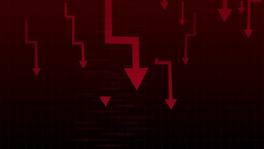 Stop motion. Animation. Multiple red arrows crashing vertically over digital grid, showing synchronized collapse and layoffs. Concept of stock crash, volatility, recession, panic, crisis. - Powered by Shutterstock - Get 15% off with code: PIKWIZARD15