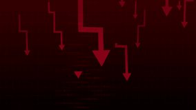 Stop motion. Animation. Multiple red arrows crashing vertically over digital grid, showing synchronized collapse and layoffs. Concept of stock crash, volatility, recession, panic, crisis. - Powered by Shutterstock - Get 15% off with code: PIKWIZARD15