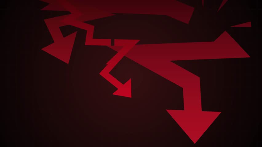 Stop motion. Animation. Jagged red arrows break mid-path and plunge, representing chain reaction of crisis and collapse. Concept of market instability, inflation shock, panic, economic domino effect
