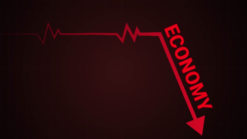 Stop motion. Animation. Heartbeat-like red line ends in sharp arrow labeled ECONOMY diving downward, resembling financial death. Concept of economic collapse, recession, panic, crash, shutdown.