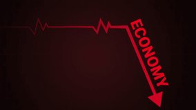 Stop motion. Animation. Heartbeat-like red line ends in sharp arrow labeled ECONOMY diving downward, resembling financial death. Concept of economic collapse, recession, panic, crash, shutdown. - Powered by Shutterstock - Get 15% off with code: PIKWIZARD15