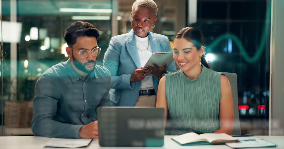 Teamwork, hologram screen and people with graphs, laptop and business discussion with data and growth. Dashboard, stock market and coworkers networking for research, technology and overlay analysis