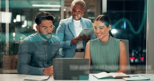 Teamwork, hologram screen and people with graphs, laptop and business discussion with data and growth. Dashboard, stock market and coworkers networking for research, technology and overlay analysis - Powered by Shutterstock - Get 15% off with code: PIKWIZARD15