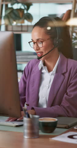 Business woman, consultant or talking with headset on computer for online communication or advice. Female person, agent or virtual assistant with mic or technology for customer service at call center