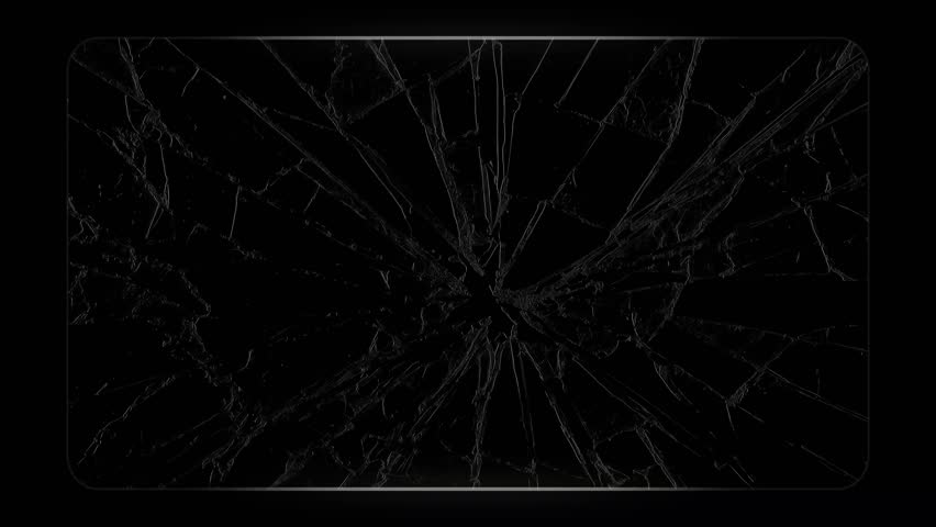 Broken glass on a black background with moving highlights on the contours of the glass edges