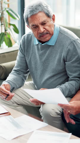 Senior couple, paperwork and confused in home with taxes, income and pension funding for retirement. Elderly man, woman and documents for discussion, investment or financial compliance in living room
