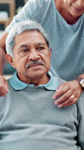 Hug, home and old couple with care, smile and bonding together with trust, relationship and embrace. Happy people, mature woman and senior man on sofa, support and marriage with love, relax and funny