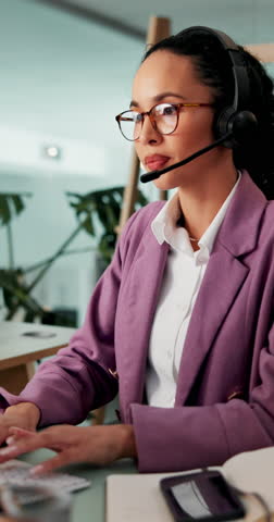 Happy woman, agent or talking with headset for online communication or advice at call center. Female person, consultant or virtual assistant with mic or technology for customer service at workplace