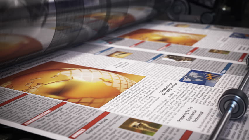 Newspaper printing press conveyor belt. Breaking news. 3D Illustration