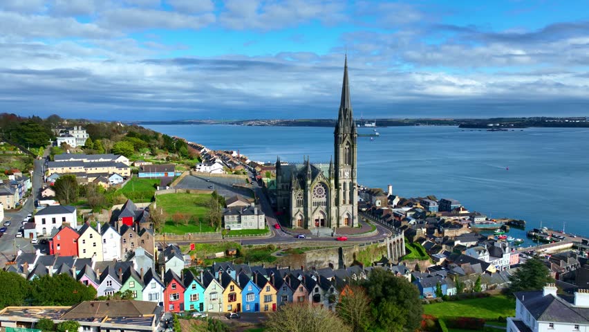 Cobh St Colman's church in Ireland in county Cork on a sunny day, travel in Ireland, drone view of famous Cobh church in Ireland
