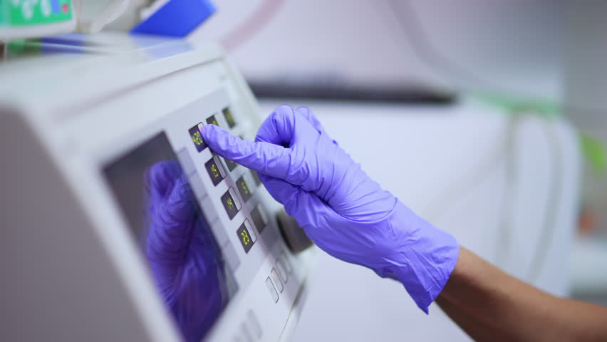 Female hand in blue latex glove turns the handle and presses keys on the medical machine. Preparing the equipment for usage at neurosurgery. Side view close up.
