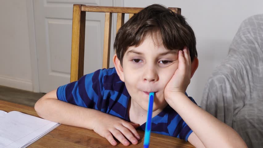 Boy is studing at home, doing homework