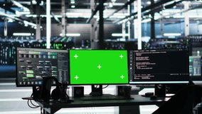 Data center green screen chroma key computer systems controlling network resources through AI visualization and node tree programming software that map infrastructure connections - Powered by Shutterstock - Get 15% off with code: PIKWIZARD15