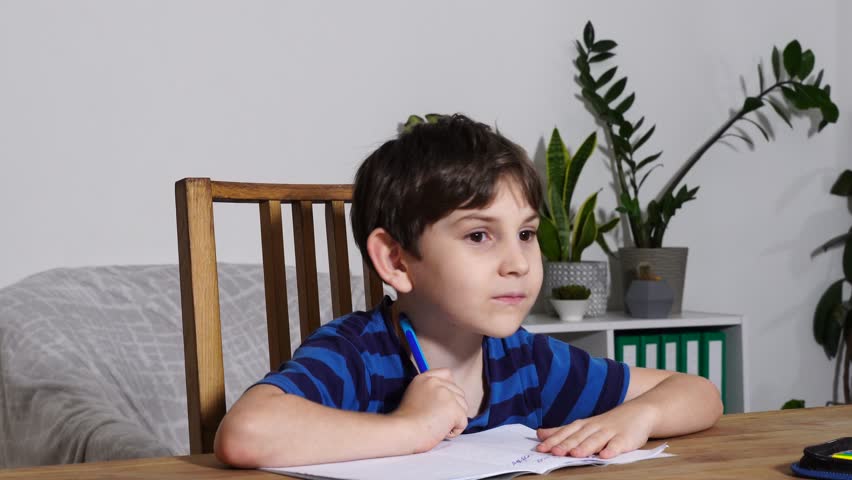 Boy is studing at home, doing homework