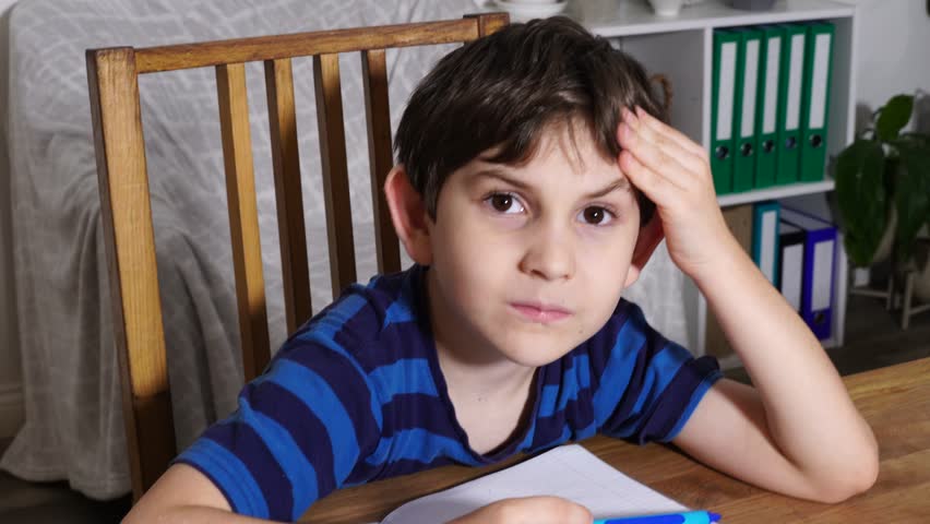 Boy is studing at home, doing homework