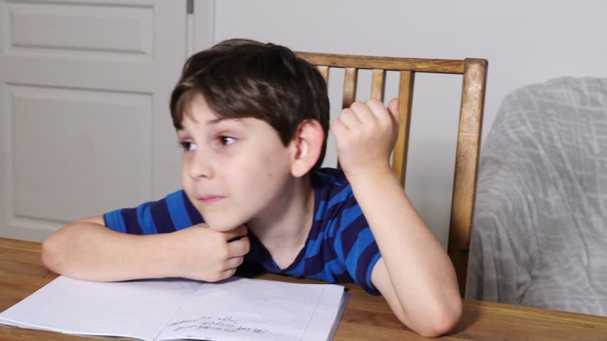 Boy is studing at home, doing homework