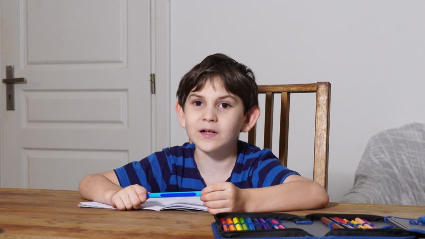 Boy is studing at home, doing homework