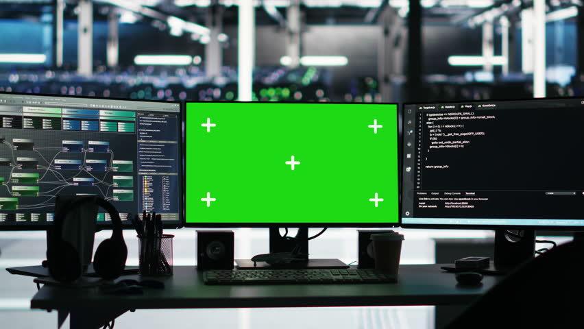 Mockup PCs in data center control hardware energy usage using node tree tech interfaces. Isolated screen workstations automate and supervise operations in server farm using visual programming