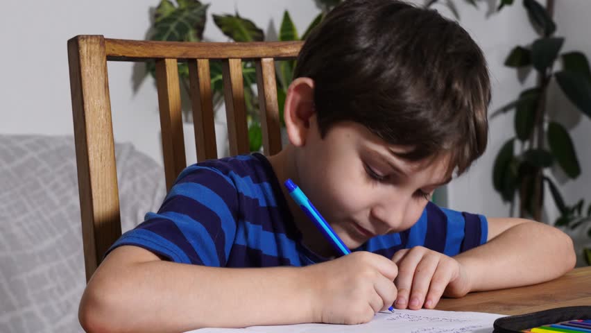 Boy is studing at home, doing homework