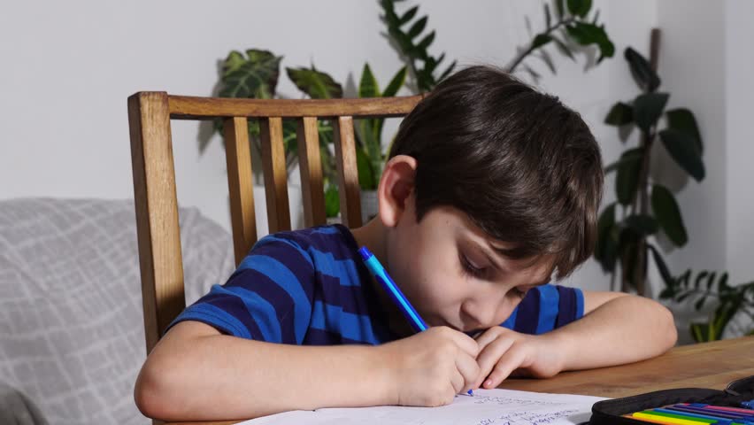 Boy is studing at home, doing homework