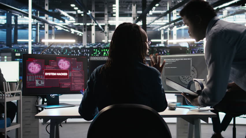Panicked engineer in AI server facility reacts to hacking incident involving theft of sensitive data. Data center employee alarmed by computer virus triggered by security systems, camera A