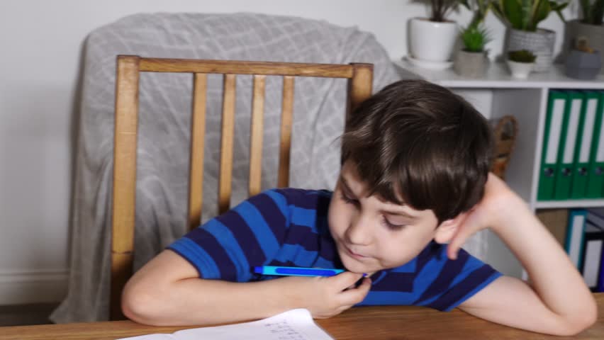 Boy is studing at home, doing homework