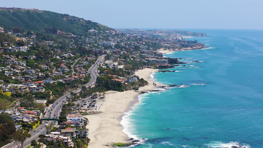 Cinematic aerial shot of magnificent coastline at Laguna Beach in California, USA