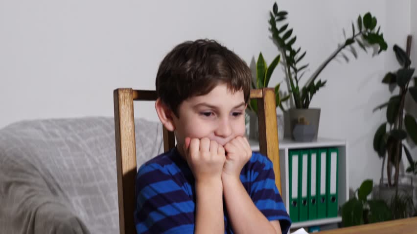 Boy is studing at home, doing homework