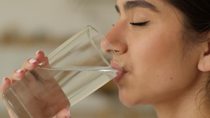 Happy healthy beautiful Indian woman face Arabian girl lady female at home indoors drinking glass of filtered still water drink nutrition health medicine diet refresh habit healthcare vitamin smiling
