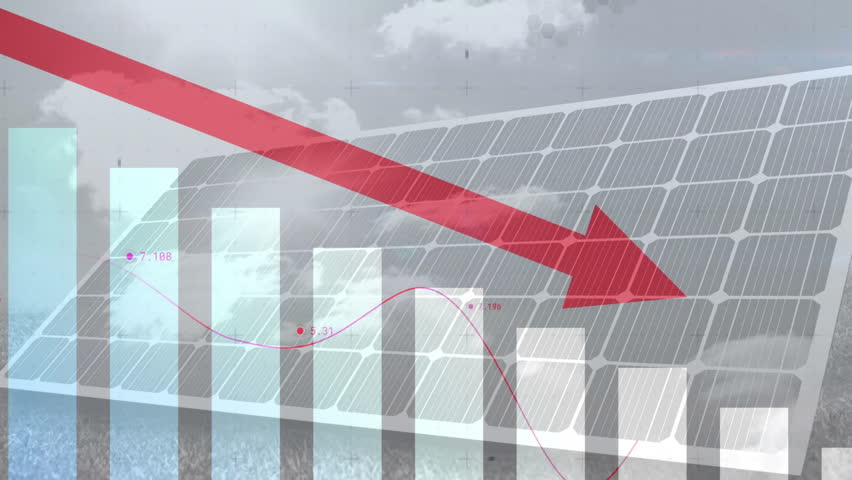 Solar panel array presenting translucent bars, magenta line graph, red arrow over digital grid. Renewable, energy, technology, data, analytics, sustainability, digital