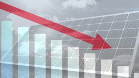 Solar panel array presenting translucent bars, magenta line graph, red arrow over digital grid. Renewable, energy, technology, data, analytics, sustainability, digital - Powered by Shutterstock - Get 15% off with code: PIKWIZARD15