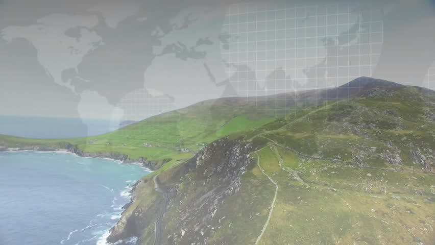 3D render showing winding cliff road hugging grassy rocky hillside under radar grid overlay. Coastal landscape, rugged terrain, hillside farming, ocean scenery, cliff edge, topography, natural beauty