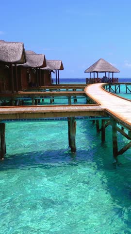 Tropical travel destination with ocean seascape and luxury water bungalows. Vertical footage