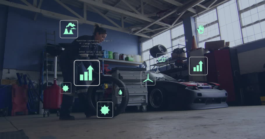 female mechanic kneeling and lifting tire in automotive workshop overlaying CO₂ recycling icons. Industrial, automotive, mechanic, workshop, machinery, technology, environment