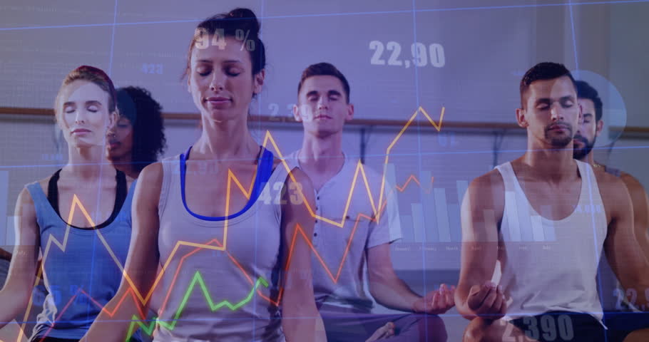 Yoga group meditating on mats in studio, displaying financial line graphs bar charts percentages. Wellness, mindfulness, serenity, digital, abstract, harmony, relaxation