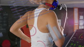 Mid adult woman running on treadmill in gym, showing animated fitness data overlays with charts. Cardio, biometric, data visualization, health, modern, technology, sport - Powered by Shutterstock - Get 15% off with code: PIKWIZARD15