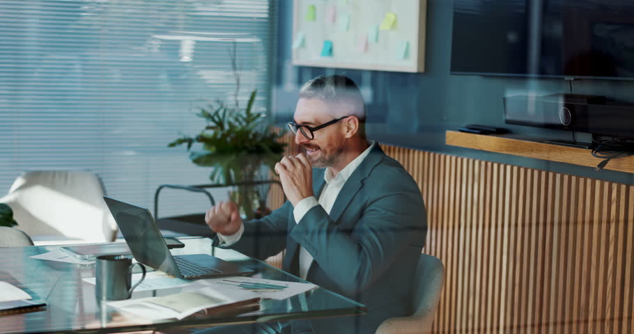 Fist pump, office and business man on laptop for online bonus, stock market profit and trading success. Corporate, professional and happy person celebrate on computer for financial investment