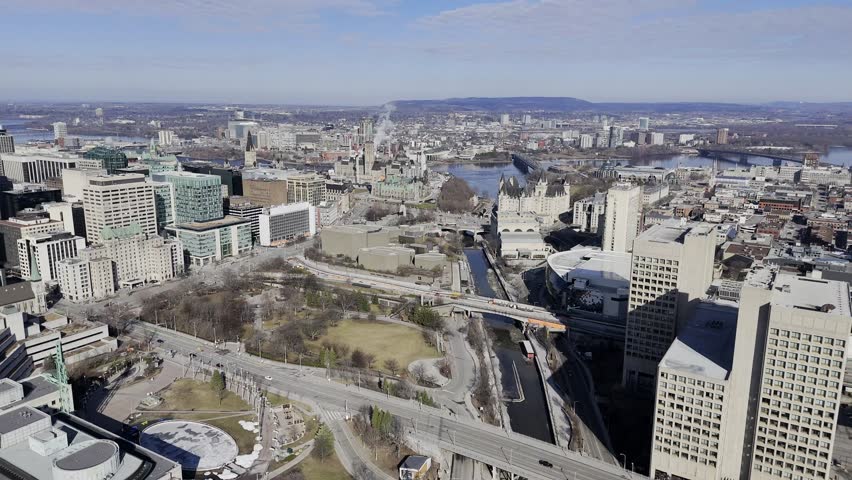Aerial view of the capital Parliament under renovation the skyline of downtown Ottawa