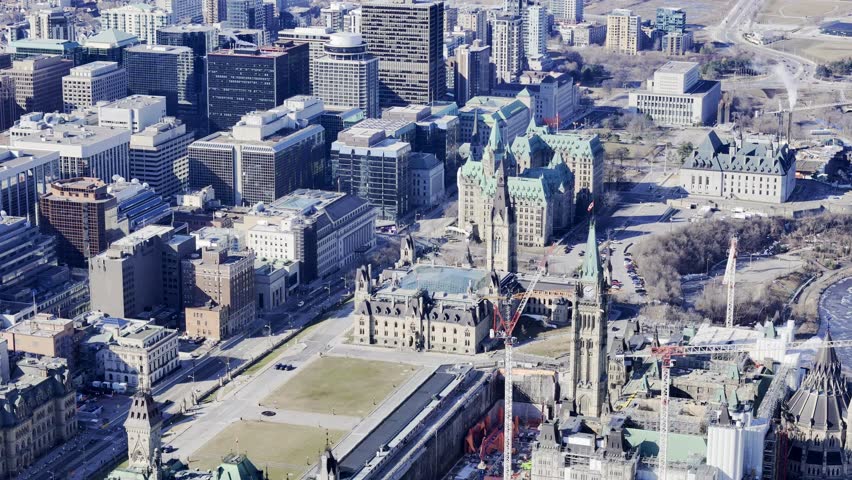 Aerial view of the capital Parliament under renovation the skyline of downtown Ottawa